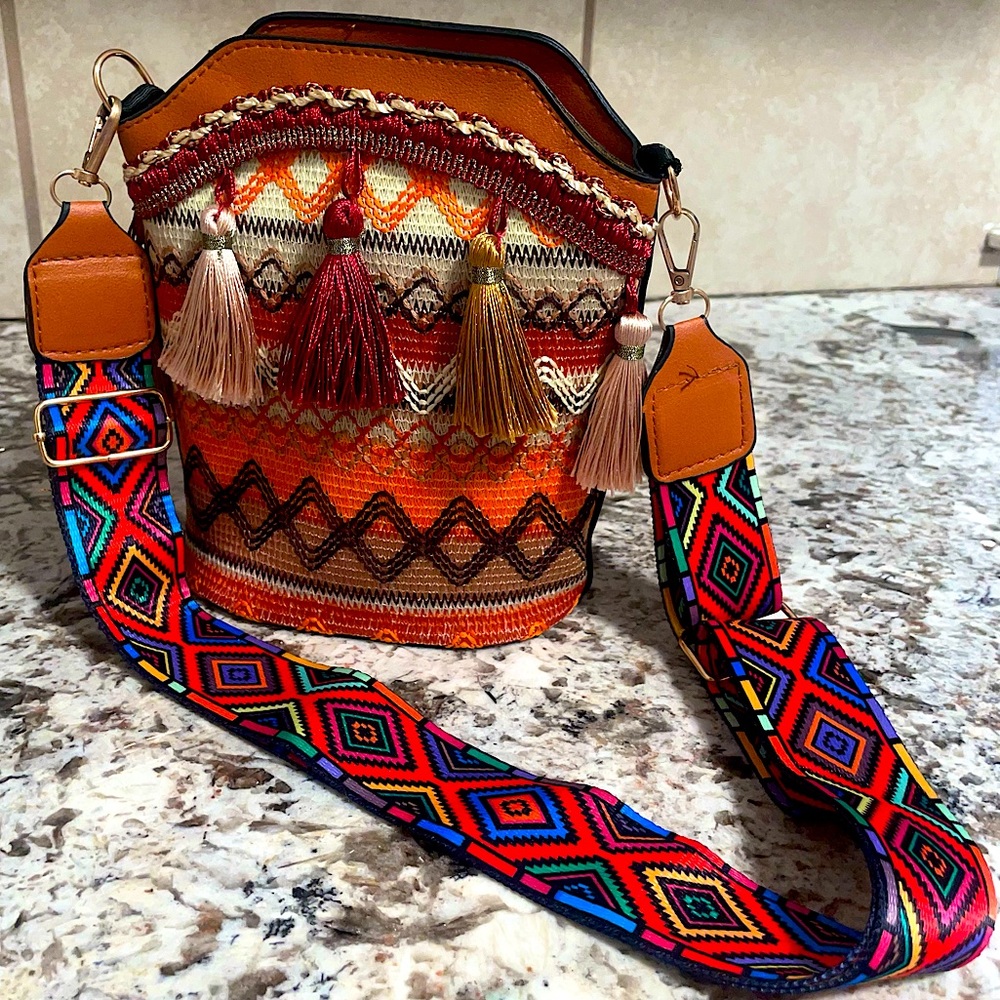 Embroidered Tassel Bucket Bag / Colorful Patchwork Crossbody